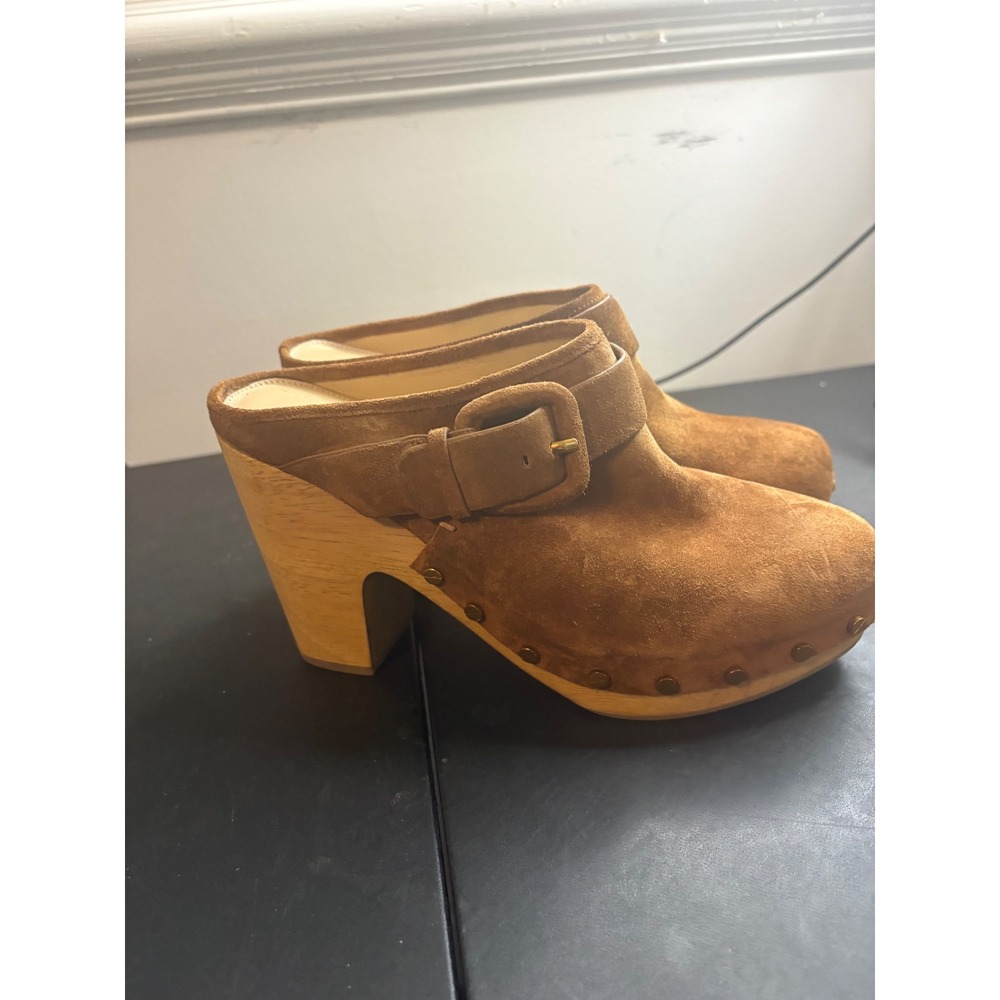 Veronica Beard Brown Suede Wooden Clog Mules Buckle Studded Platform Heel 9.5M